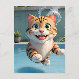 Carte Postale Cute Cat Flying Natation Plongée dans la piscine A