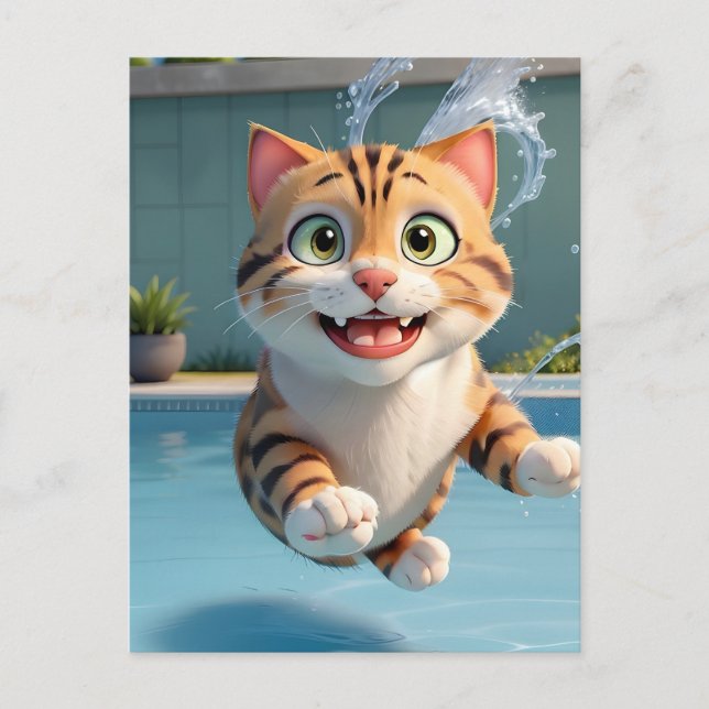 Carte Postale Cute Cat Flying Natation Plongée dans la piscine A (Devant)