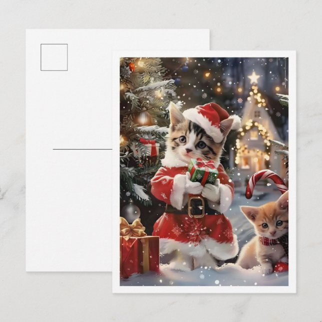 Carte Postale Cute Cat Santa Merry Christmas (Devant / Derrière)