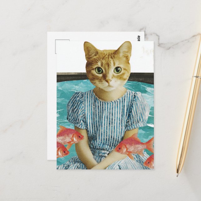 Carte Postale Cute Cat With Goldfish Retro Collage (Devant/Arrière en situation)