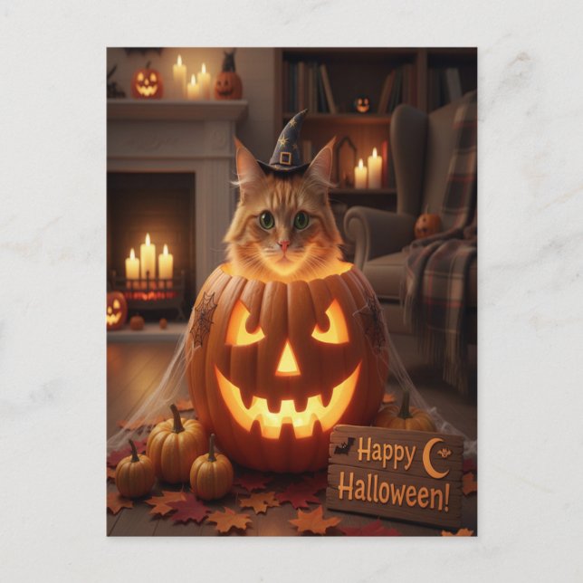 Carte Postale Cute Chat en Halloween Citrouille pour Amoureux de (Devant)
