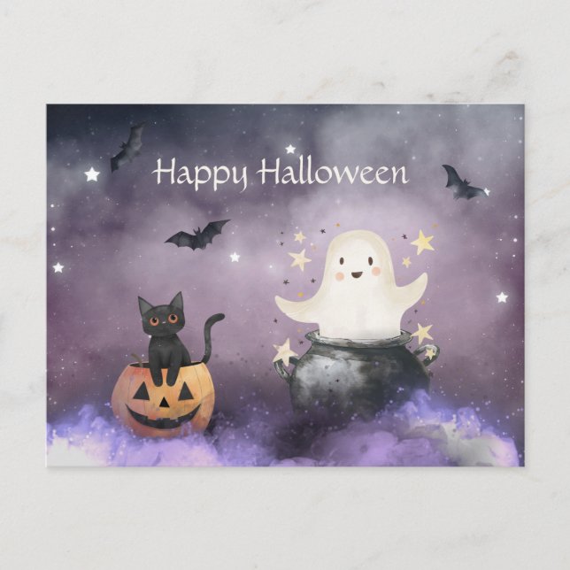Carte Postale Cute chat et Fantôme Halloween (Devant)