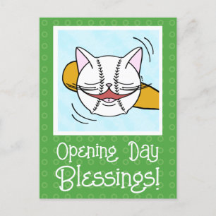Carte Postale Cute Chat Face Baseball Jour d'ouverture Bonne cha