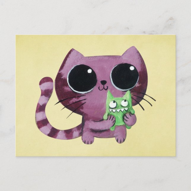 Carte Postale Cute chat Kitty avec Petit Monstre Vert (Devant)
