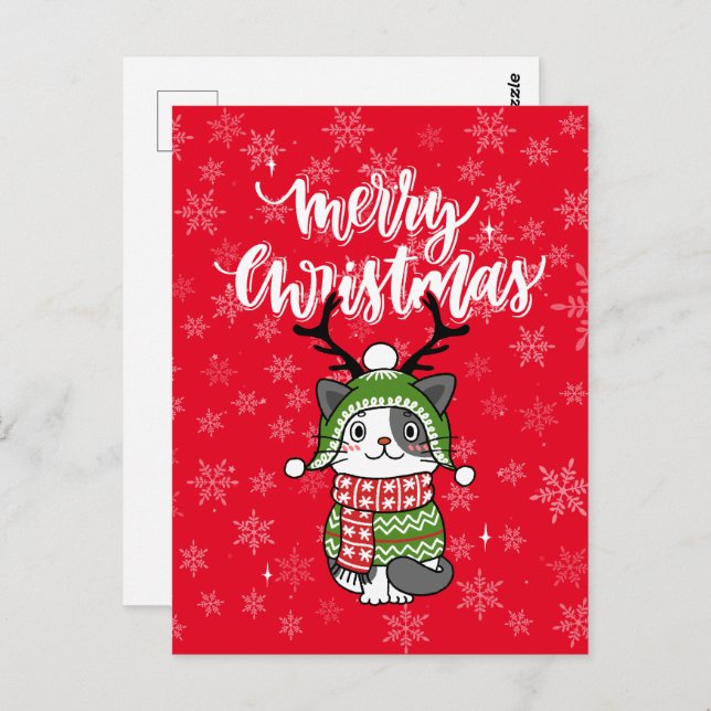 Carte Postale Cute Chat Noël Stocking fourchettes Galore (Devant / Derrière)