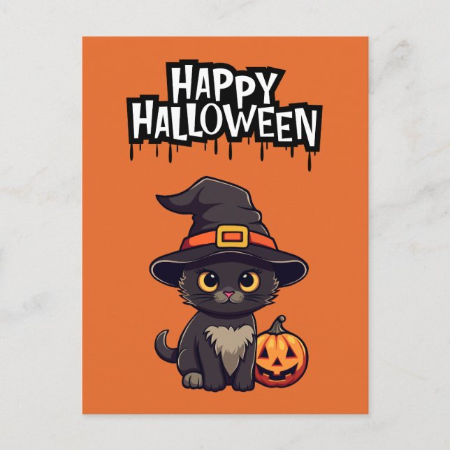 Carte Postale Cute Chat Noir Avec Citrouille Jack-o'-lantern (Devant)