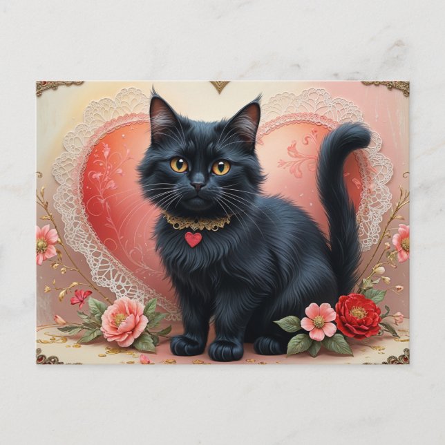 Carte Postale Cute Chat Noir avec Fleurs (Devant)