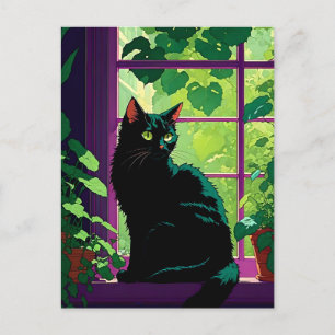Carte Postale Cute chat noir dans une fenêtre