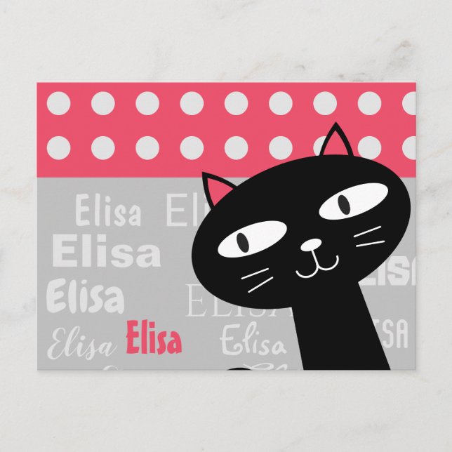 Carte Postale Cute Chat Noir Pois Rose Ajouter Votre Nom (Devant)