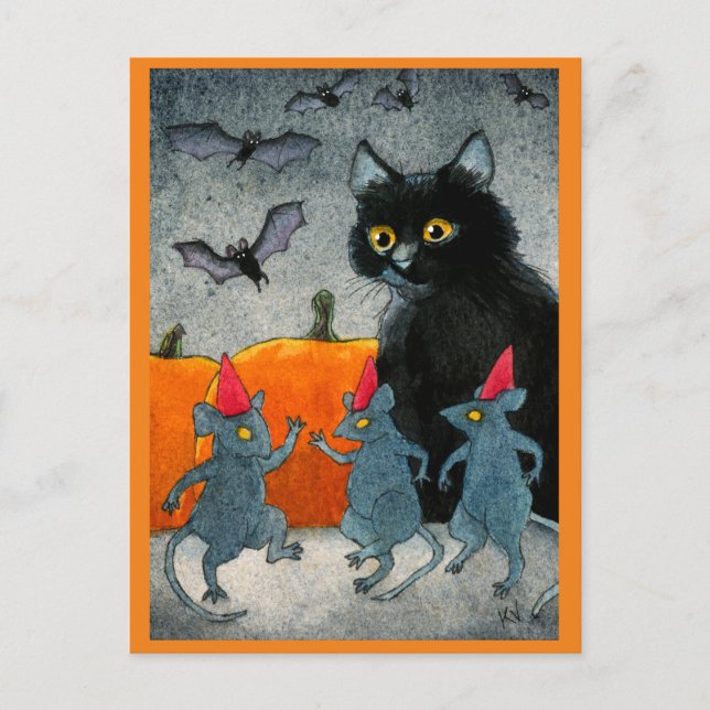 Carte Postale Cute chat souris chauve chauve Halloween citrouill (Devant)