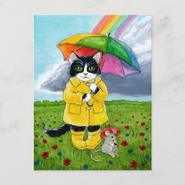 Carte Postale Cute chat tuxedo, souris avec parapluie arc-en-cie (Devant)