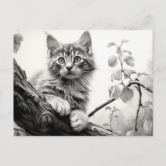 Carte Postale Cute chaton à jouer - Dessin noir et blanc (Devant)