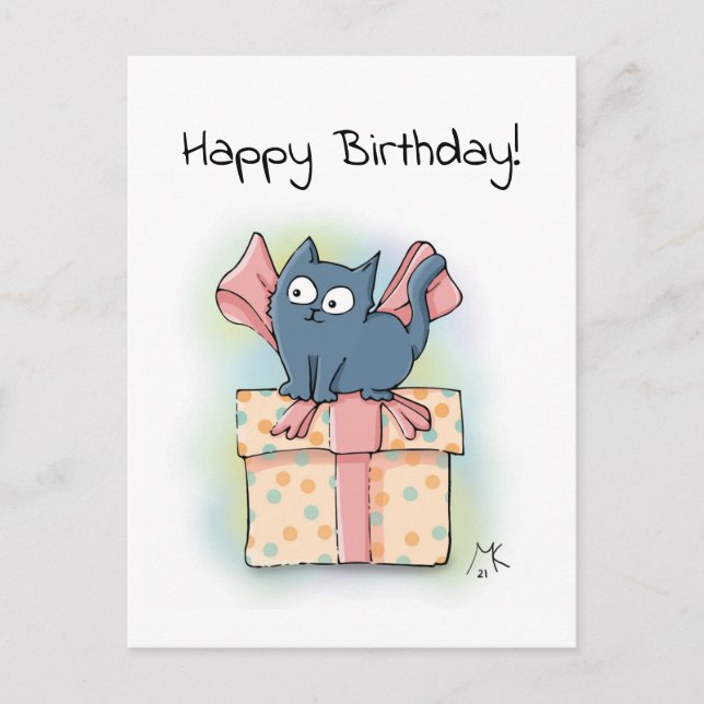 Carte Postale Cute chaton en dessin sur boîte cadeau Joyeux anni (Devant)