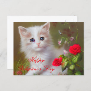 Carte Postale Cute chaton et valentine rose