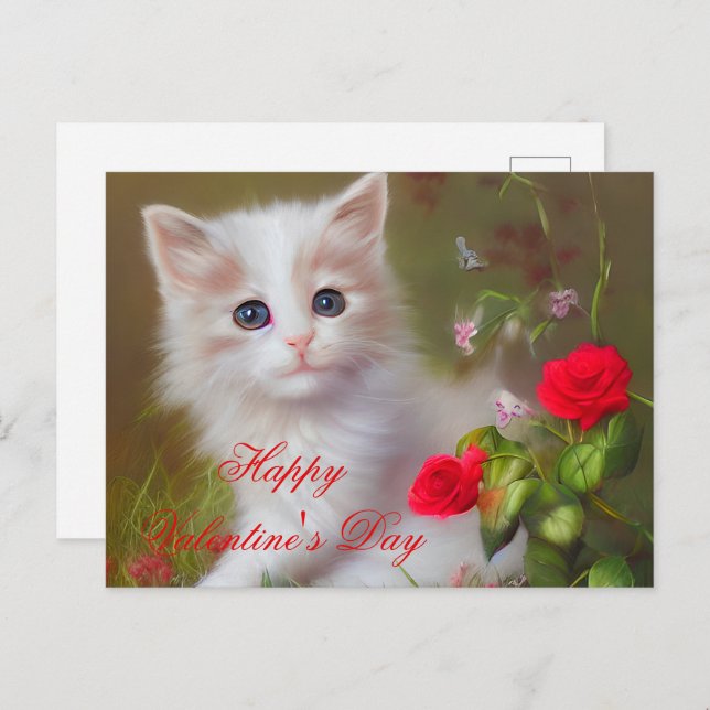 Carte Postale Cute chaton et valentine rose (Devant / Derrière)