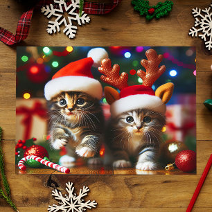 Carte Postale Cute chatons avec le Père Noël et casquettes de re