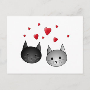 Carte Postale Cute Chats Noirs et Gris, avec Coeurs.