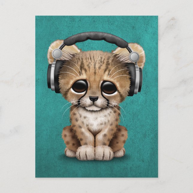 Carte Postale Cute Cheetah Cub Dj Porte un casque bleu (Devant)