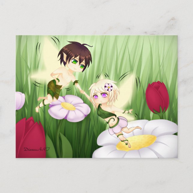 Carte Postale Cute Chibi Fairy Garçon et fille (Devant)