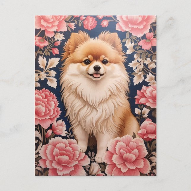 Carte Postale Cute Chien Poméranien Rose Floral (Devant)