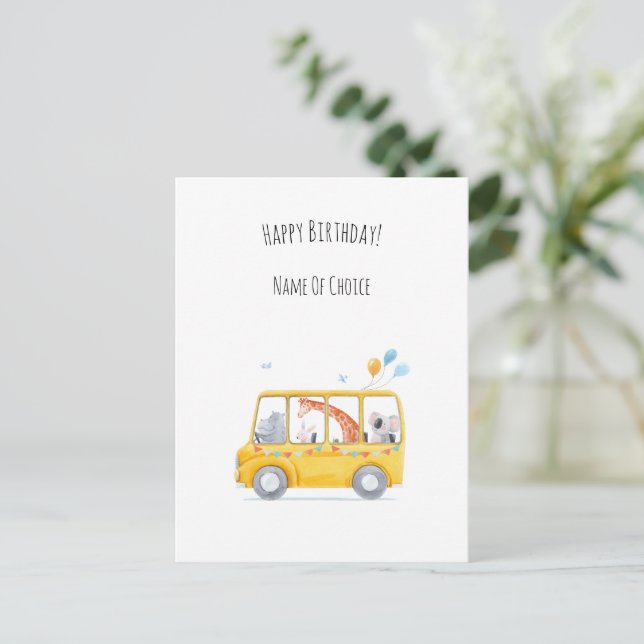 Carte Postale Cute Children Bus Animals Balloons Birthday Card (Debout devant)