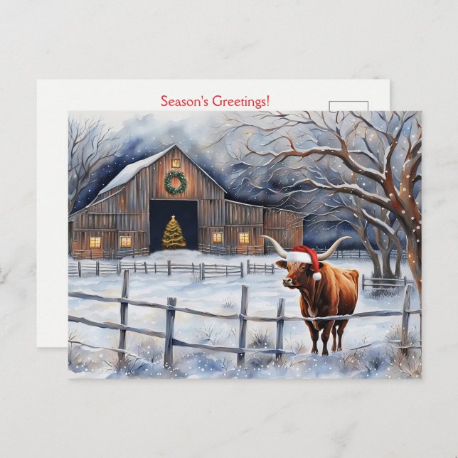 Carte Postale Cute Christmas Holiday Cow and Barn Country (Devant / Derrière)