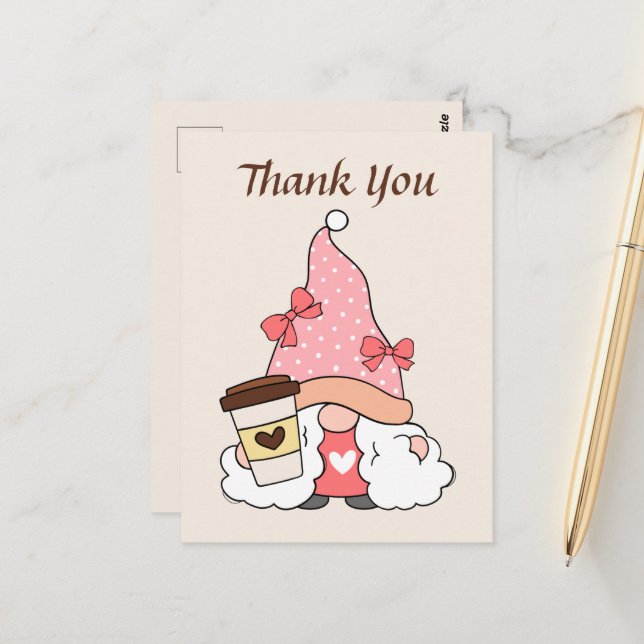 Carte Postale Cute coffee gnome ajouter un texte merci  (Devant/Arrière en situation)
