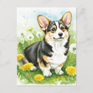 Carte postale Cute Corgi Dandelions Spring