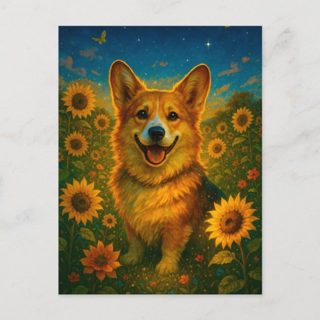 Carte postale Cute Corgi Sunflowers Welsh Corgi Qu (Devant)