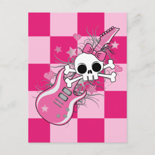 Carte Postale Cute crâne avec guitare rose