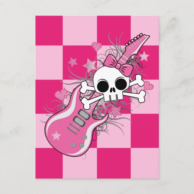 Carte Postale Cute crâne avec guitare rose (Devant)