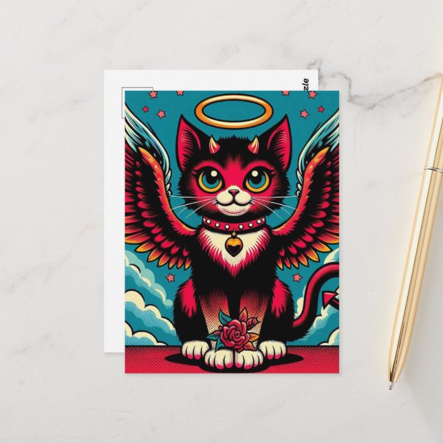 Carte Postale Cute Devil Angel Kitty avec ailes (Devant/Arrière en situation)