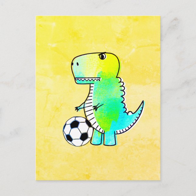 Carte Postale Cute Dinosaur Aime Le Football Aquarelle (Devant)