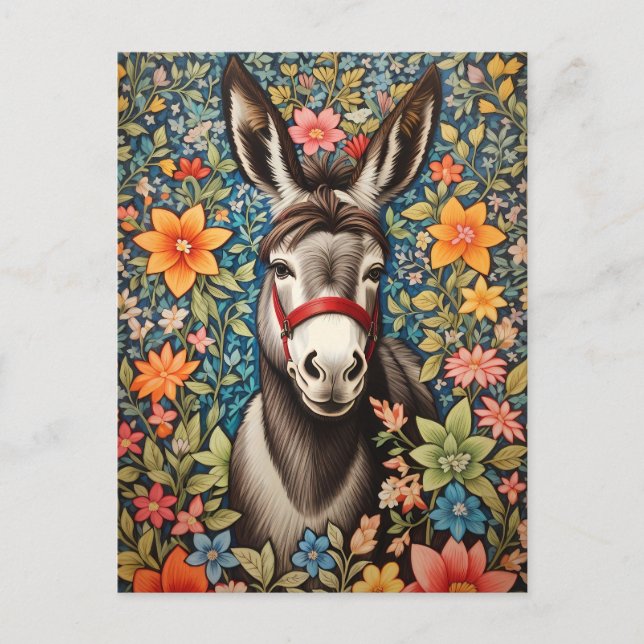 Carte Postale Cute Donkey On Colorful Floral Background (Devant)