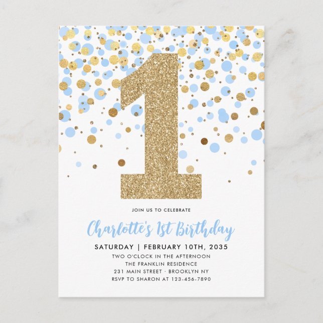 Carte Postale Cute Dusty Blue Gold Parties scintillant Confetti  (Devant)