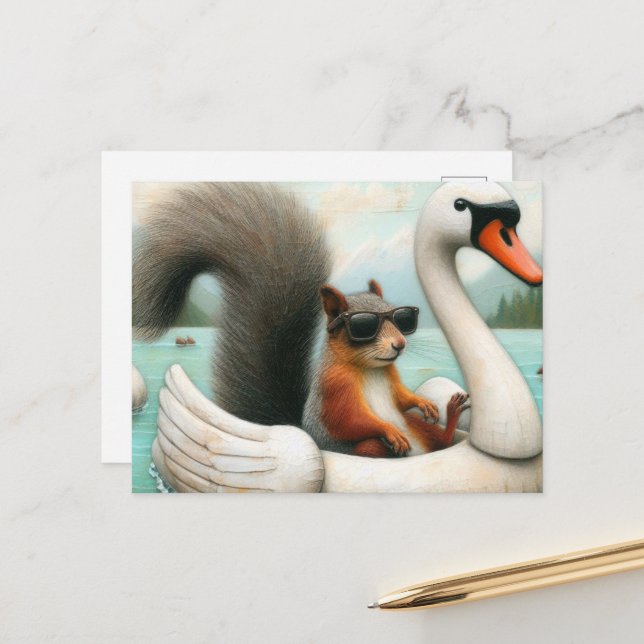Carte Postale Cute écureuil sur une flottille de cygne (Devant/Arrière en situation)