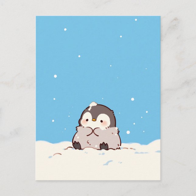 Carte Postale Cute Fluffy Penguin in Snowy Winter Landscape (Devant)