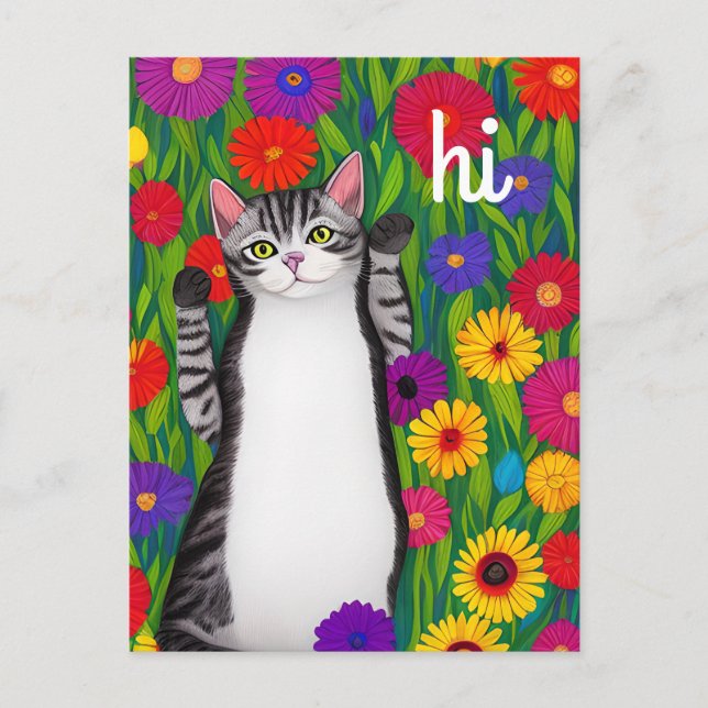 Carte Postale Cute Folk Art Chat disant Hi parmi les fleurs (Devant)