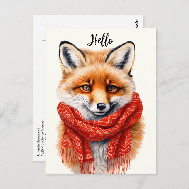 Carte Postale Cute Fox in a Red Scarf Autumn Image (Devant / Derrière)