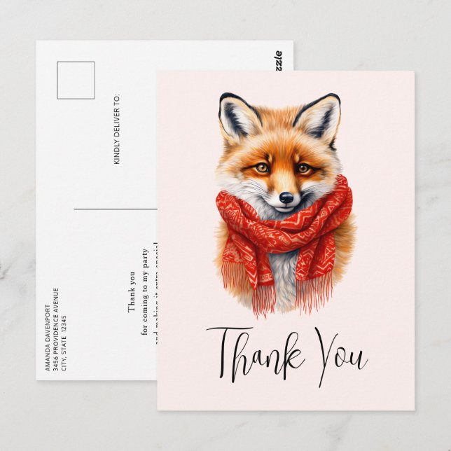 Carte Postale Cute Fox in a Red Scarf Autumn Image Thank You (Devant / Derrière)
