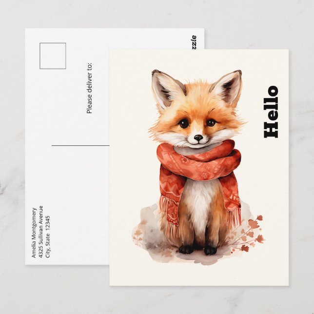 Carte Postale Cute Fox Pup in a Red Scarf (Devant / Derrière)
