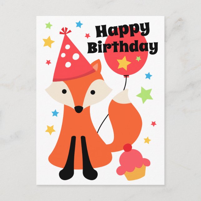 Carte Postale Cute fox with balloon cupcake star joythday (Devant)