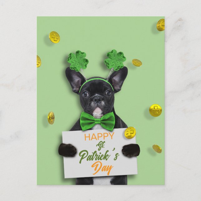 Carte Postale Cute French Bulldog Happy St. Patrick’s Day Clover (Devant)