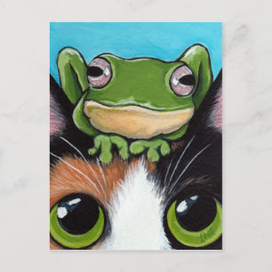 Carte Postale Cute Frog and Tortoiseshell Cat Postcard