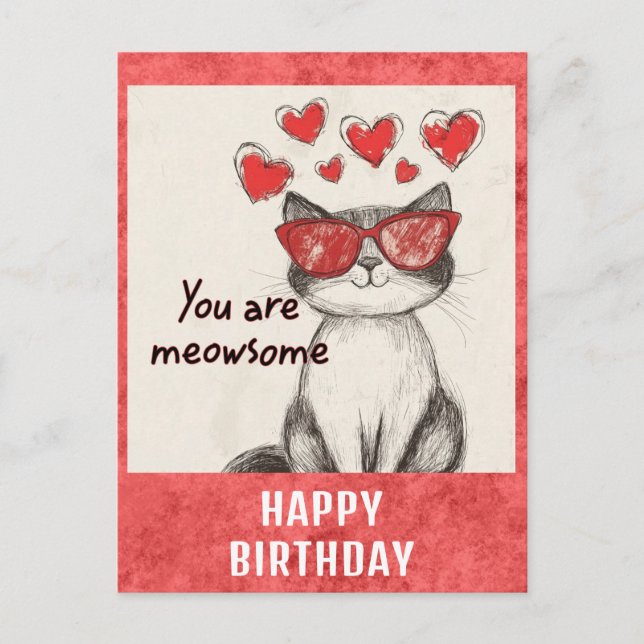 Carte Postale Cute Funny Joyeux Anniversaire Chat Coeurs (Devant)