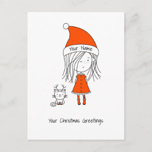 Carte Postale Cute Funny Père Noël Girl Cat Ajouter Votre Texte
