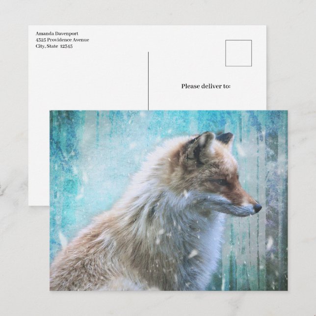 Carte Postale Cute Furry Fox sur Blue Grunge Arrière - plan (Devant / Derrière)