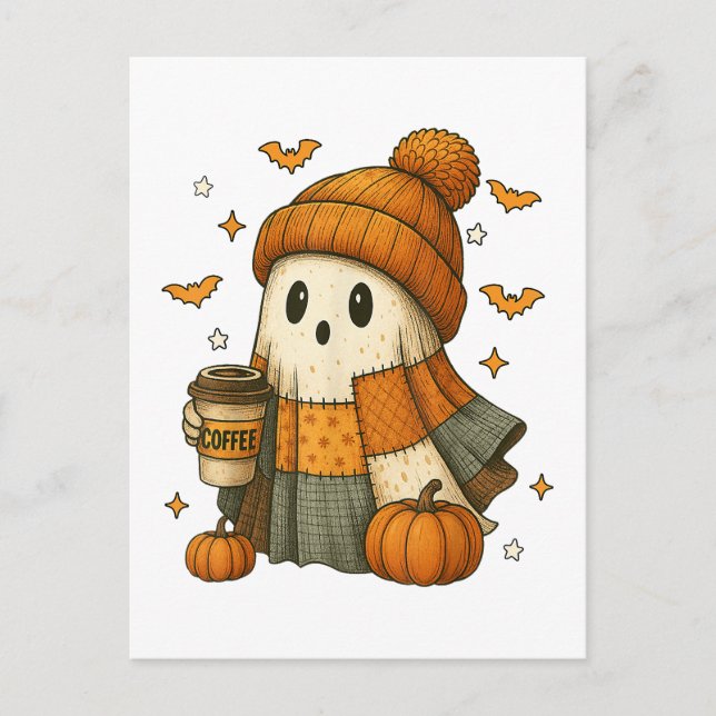 Carte Postale Cute Ghost Boire Café Halloween (Devant)