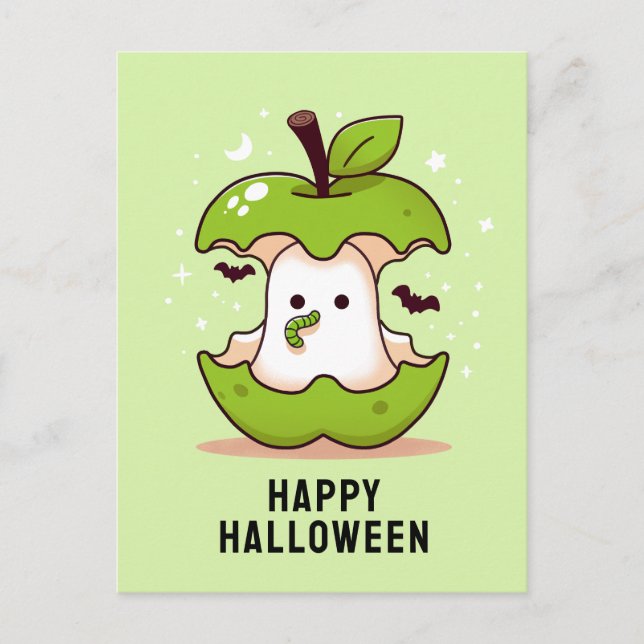 Carte postale Cute Ghost et Apple Green Halloween (Devant)
