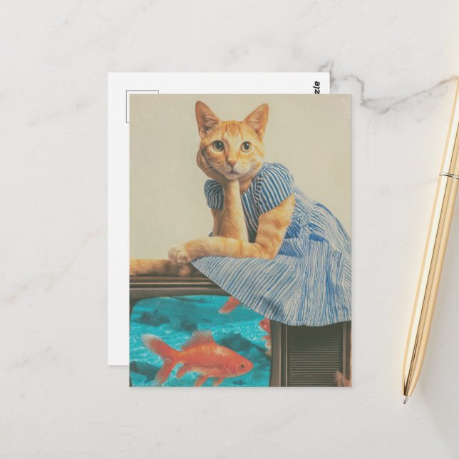 Carte Postale Cute Ginger Cat With Goldfish Retro Collage (Devant/Arrière en situation)